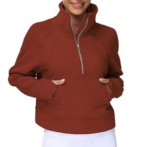 Half Zip Pullover Fleece Stand Collar Crop Sweatshirt with Pockets Maroon